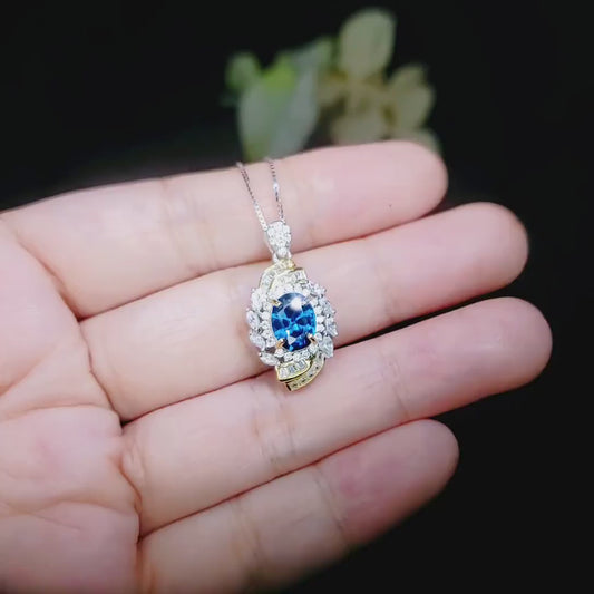 Blue Sapphire Necklace Spiral of Life Pendant - 2 CT Blue Sapphire Pendant Spiritual Gemstone Flower Jewelry  Double Halo Swirl  18KGP #656
