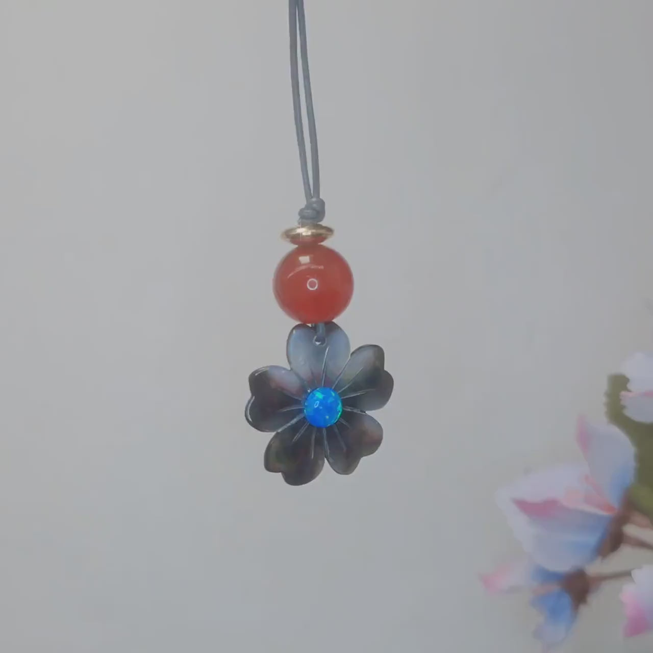 Black Shell Flower Necklace, Geometric Blue Opal & 12mm Carnelian Pendant, Hand-Carved Floral Jewelry, Adjustable Leather Gift Chunky #2584