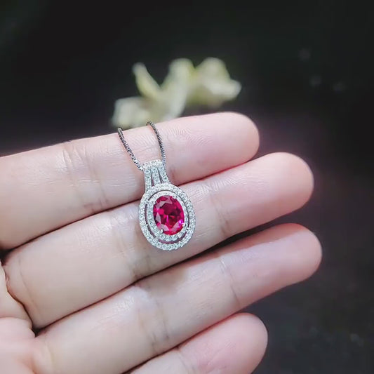Ruby Necklace - Double Halo Ruby Pendant - 18KGP @ Sterling Silver - July Birthstone - 2.3 CT Red Ruby Jewelry #407