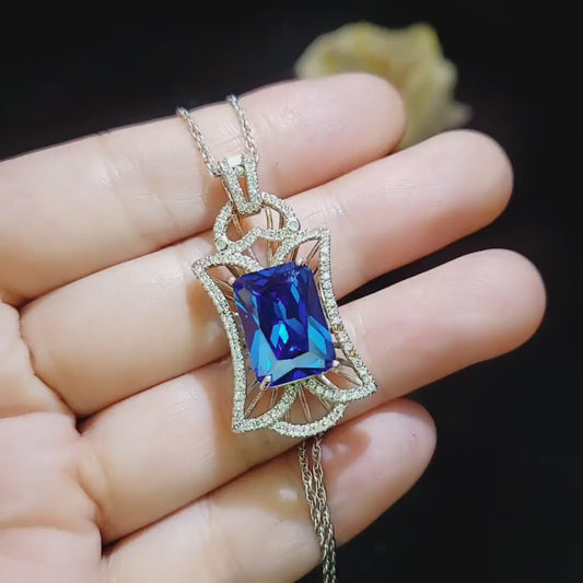 Large Blue Sapphire Necklace - Full Sterling Silver Diamond Royal Flower Pendant -10 Ct Rectangle Lab Created  Blue Sapphire  Geometric #845