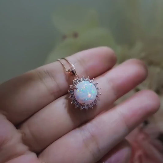 Rose Gold Opal Necklace Gemstone Halo Sunflower White Opal Pendant Sterling Silver Princess Diana Style Jewelry #209
