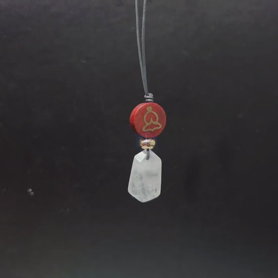 Clear Quartz Necklace Healing Crystal Pendant, Chunky Wood Buddha Geometric Jewelry for Men Women with Adjustable Leather Cord