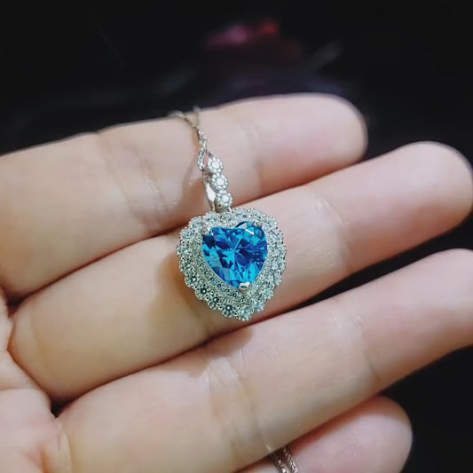 Blue Topaz Necklace - Double Halo Blue Heart Pendant, Ocean Heart Blue Topaz Jewelry - White Gold  Sterling Silver #362