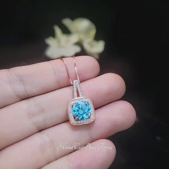 Rose gold Blue Topaz Necklace - Sterling Silver - Square Solitaire November Birthstone Round Topaz Jewelry Diamond  Halo Round Cut 8 MM #184