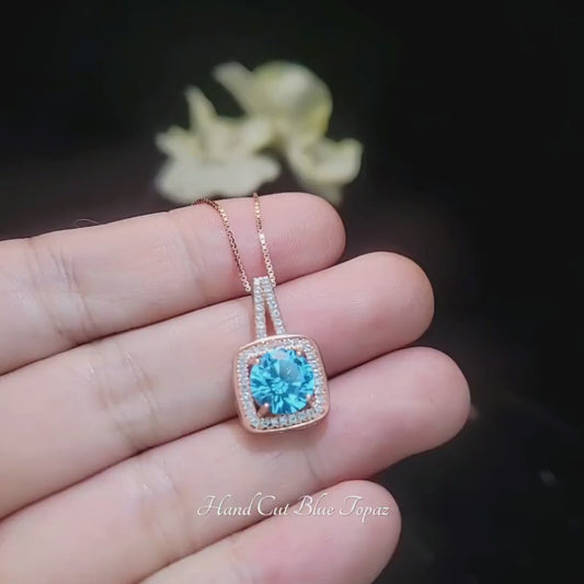 Rose gold Blue Topaz Necklace - Sterling Silver - Square Solitaire November Birthstone Round Topaz Jewelry Diamond  Halo Round Cut 8 MM #184