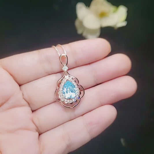 Sky Blue Aquamarine Necklace - Rose Gold Coated sterling Silver Flower Teardrop Large Aquamarine Pendant #639