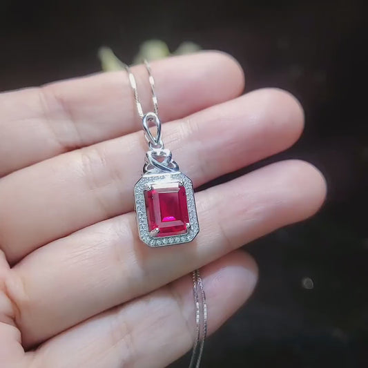 Ruby Necklace Rectangle red Pendant - 18KGP @ Sterling Silver - July Birthstone  chain  #299