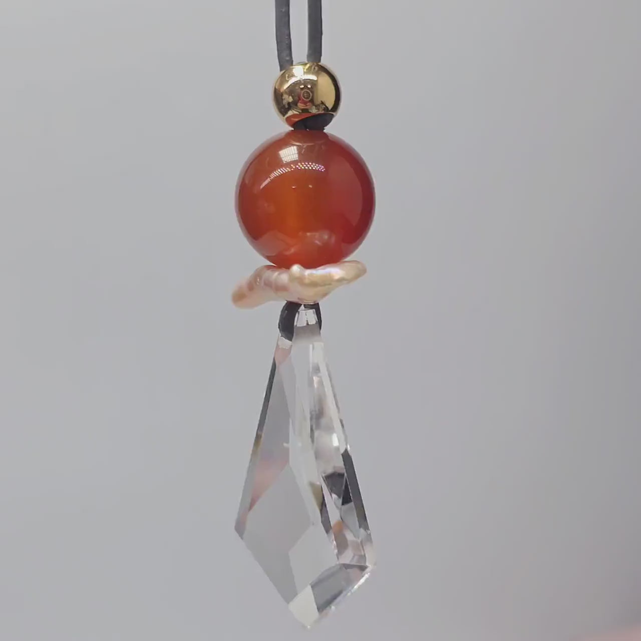 Chunky Clear Quartz Necklace, Geometric Red Carnelian & Baroque Pearl Pendant, Zen Healer Jewelry, Adjustable Leather Cord  #2580