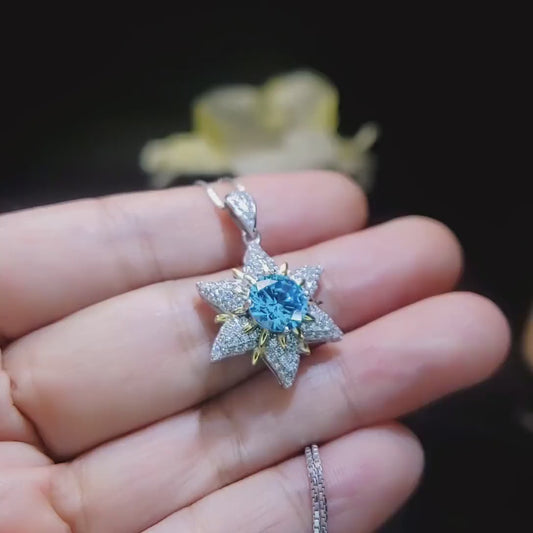 Gemstone Star Blue Aquamarine Necklace - 18KGP Sterling Silver -  6 Point Star Pendant - 2CT  Hexagram Blue Aquamarine Jewelry #880