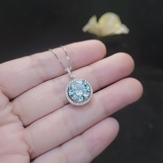Aquamarine Necklace - Sterling Silver - Gemstone Halo - March Birthstone - Blue Aquamarine Pendant - 18kgp #481