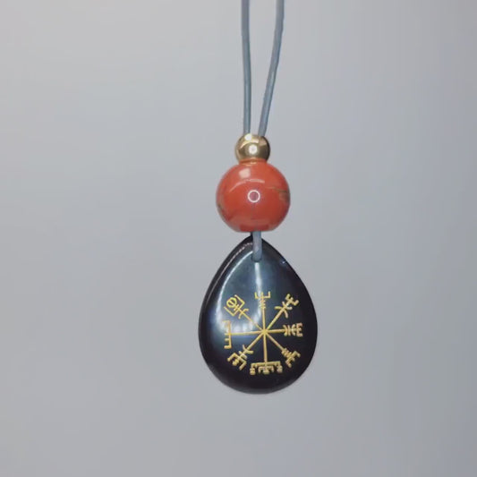 Viking Compass Black Onyx Necklace, Chunky Geometric Vegvisir Wayfinder Amulet, Protection Jewelry, adjustable leather cord