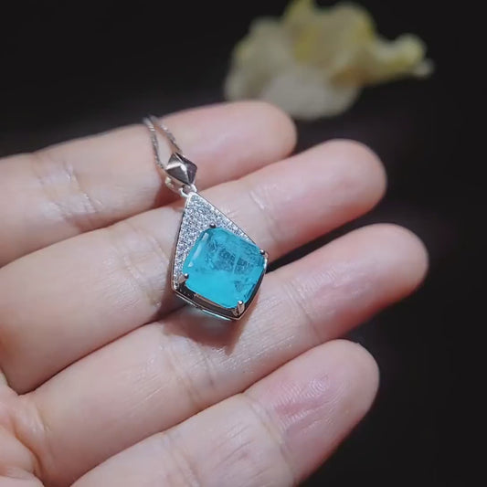 Rhombic Style Large Paraiba Necklace -  Sterling Silver 18KGP - Gemstone Cushion Cut Paraiba Tourmaline Pendant -  blue gemstone #397