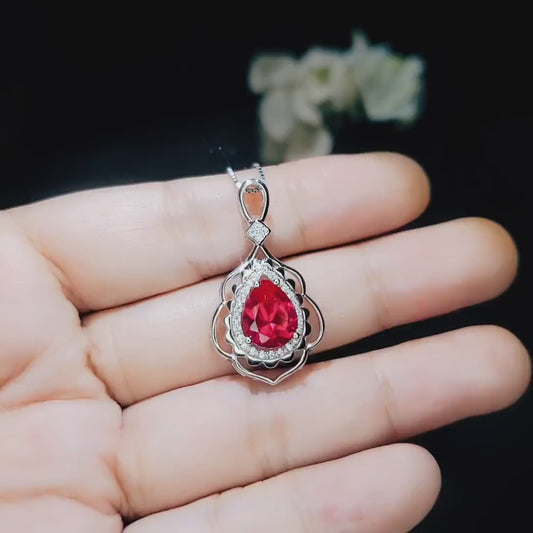 Large Ruby Necklace - Sterling Silver Teardrop Solitaire Gemstone Flower Petal Pear Ruby Pendant - Flower Feather Style #715