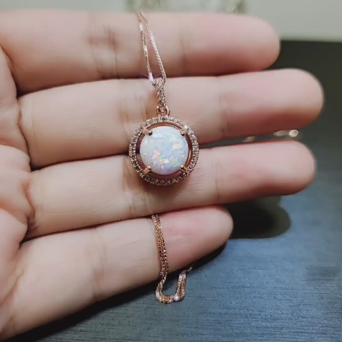 Opal Necklace -  Rose Gold  Coated Sterling Silver White Opal Pendant, Wedding Bridal Necklace #165