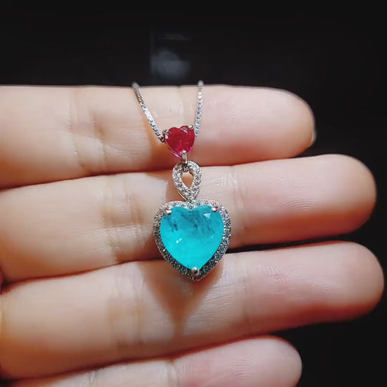 Double Heart Paraiba Necklace - 18KGP @ Sterling Silver - 5 Ct Heart with Heart Pendant -  Lab Created Blue Paraiba Tourmaline Jewelry #739