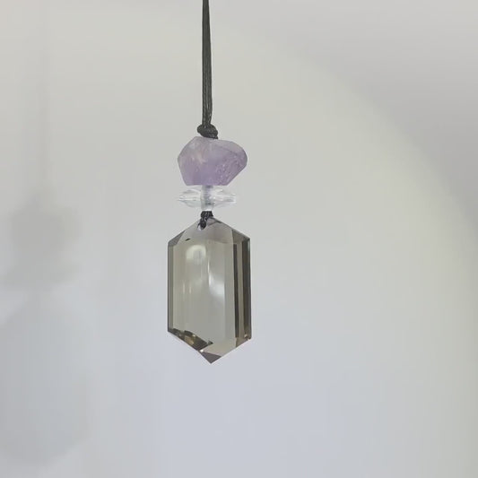 Genuine Smoky Quartz Necklace Leather cord , Chunky Large Size Raw Smokey quartz Amethyst Jewelry Long Chain Adjustable UP to 30" #2342