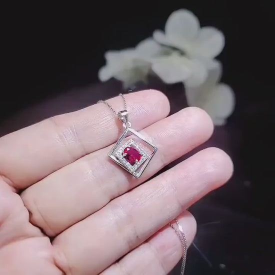 Geometric Ruby Necklace Sterling Silver Minimalist Double Square Tiny Ruby Pendant 015