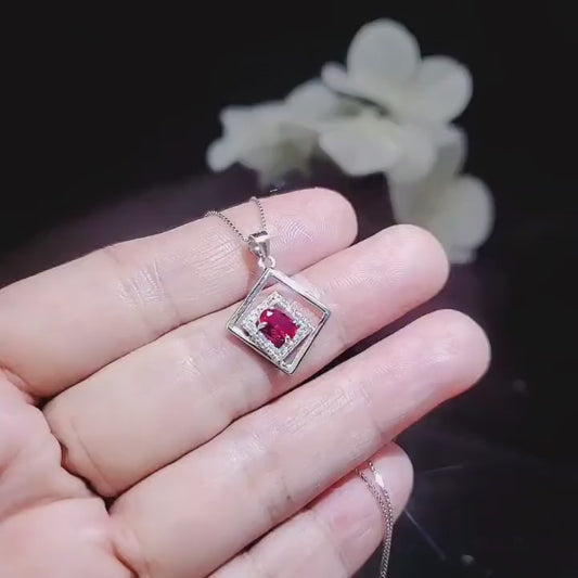 Geometric Ruby Necklace Sterling Silver Minimalist Double Square Tiny Ruby Pendant 015