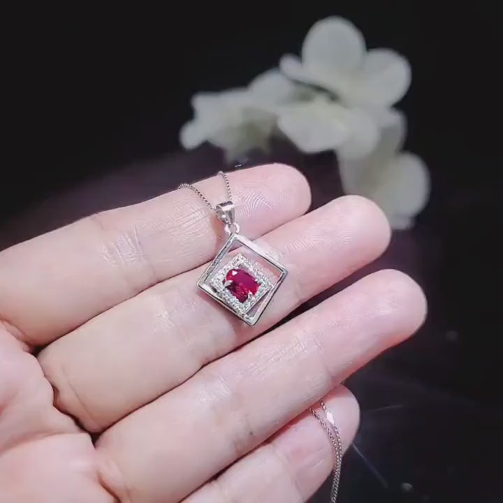 Geometric Ruby Necklace Sterling Silver Minimalist Double Square Tiny Ruby Pendant 015