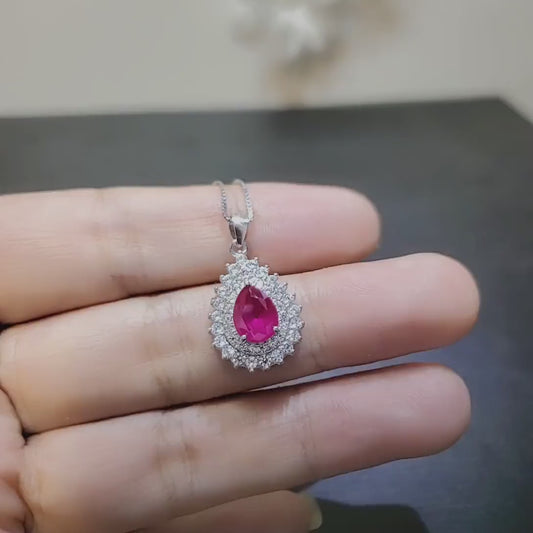 Ruby Necklace double Gemstone Teardrop Halo Red Gemstone Pendant 18KGP Sterling Silver Pear gemstone Jewelry #361