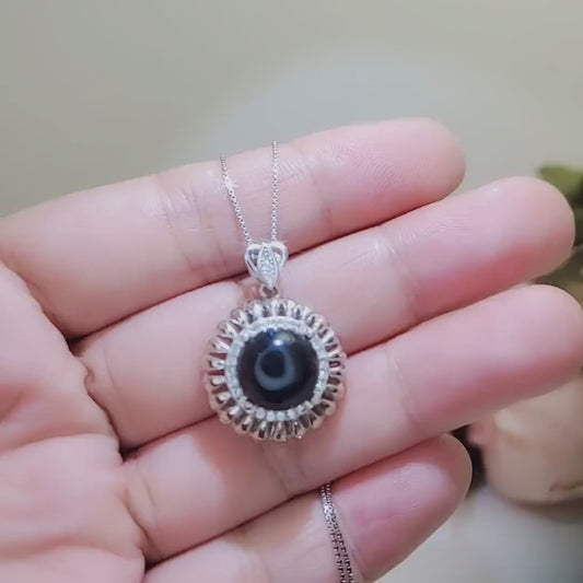 Black Onyx Necklace Sterling Silver Sunflower Style Diamond Surrounded Natural Black Onyx Jewelry #1003