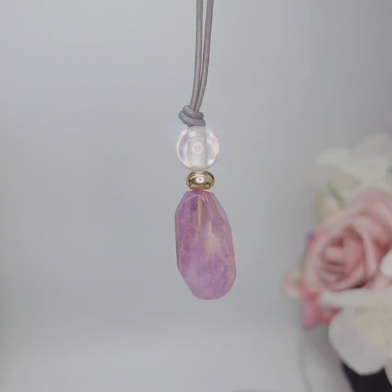 Geometric Amethyst Pendant Necklace, Natural Purple Crystal Clear Quartz Chunky Jewelry for Women, Adjustable Leather Cord #2556