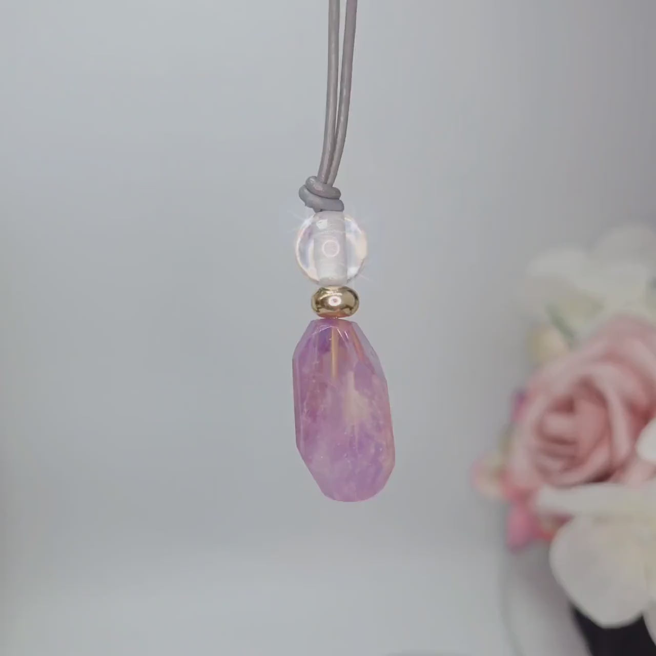 Geometric Amethyst Pendant Necklace, Natural Purple Crystal Clear Quartz Chunky Jewelry for Women, Adjustable Leather Cord #2556