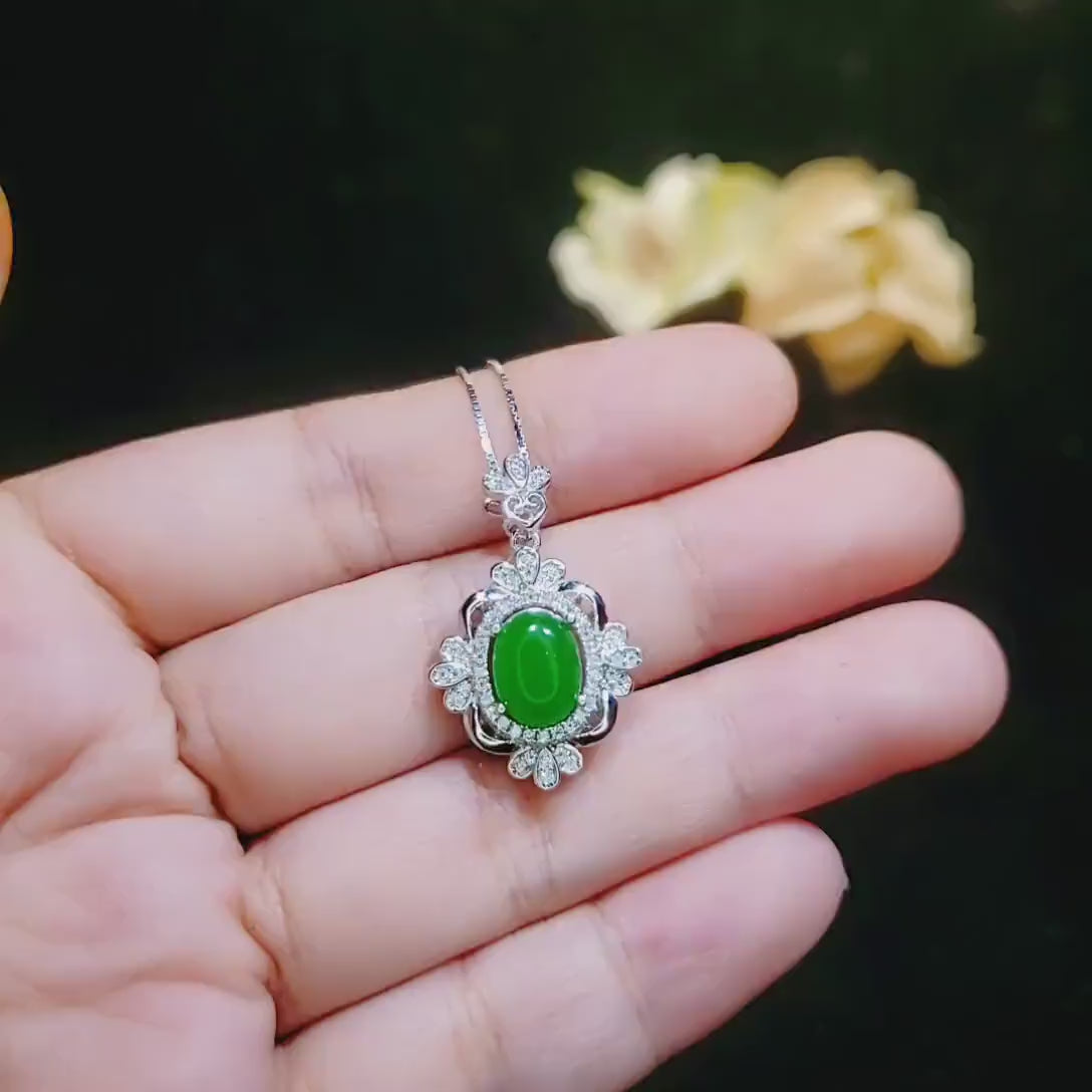 Gemstone Flower  Green Jade Necklace -    White Gold Coated Sterling Silver Oval Jade Jewelry #672