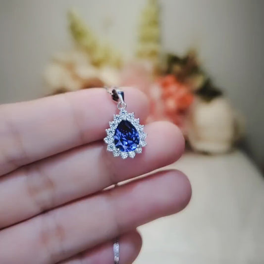 Teardrop Blue Sapphire Necklace Gemstone Halo 2.1 CT Sapphire Pendant Sterling Silver Pear Blue Gemstone Jewelry #394