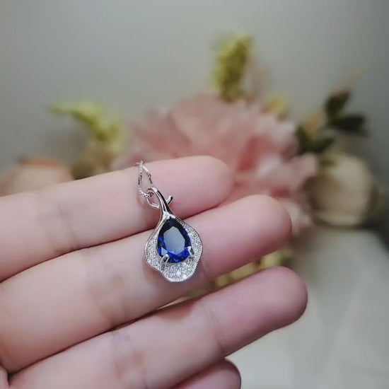 Blue Sapphire Petal Necklace Sterling Silver White Gold Plated - 2.5 CT Teardrop Blue Sapphire Pendant - Gemstone Petal Flower Jewelry #486