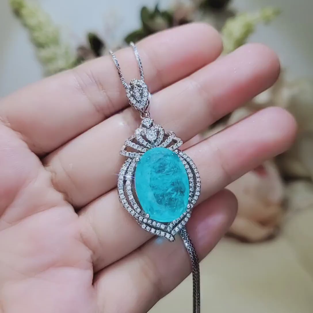 Paraiba Necklace Sterling Silver  14 CT Blue Paraiba Tourmaline Necklace Gemstone Royal Crown Flower  Blue Gemstone Jewelry #977