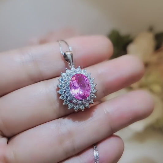 Pink Tourmaline Necklace - Two Layer Gemstone Halo 2.8 CT Pink Tourmaline Pendant - White Gold coated sterling silver #568