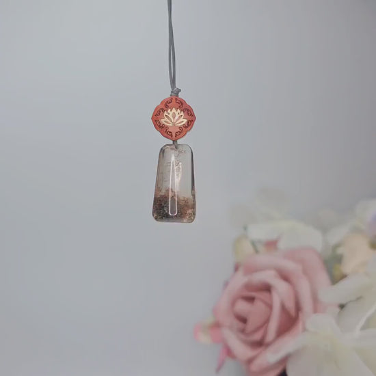 Geometric Garden Quartz Pendant, Chunky Phantom Quartz Necklace with Red Sandalwood, 18k Gold Lotus, Adjustable Leather Cord #2566