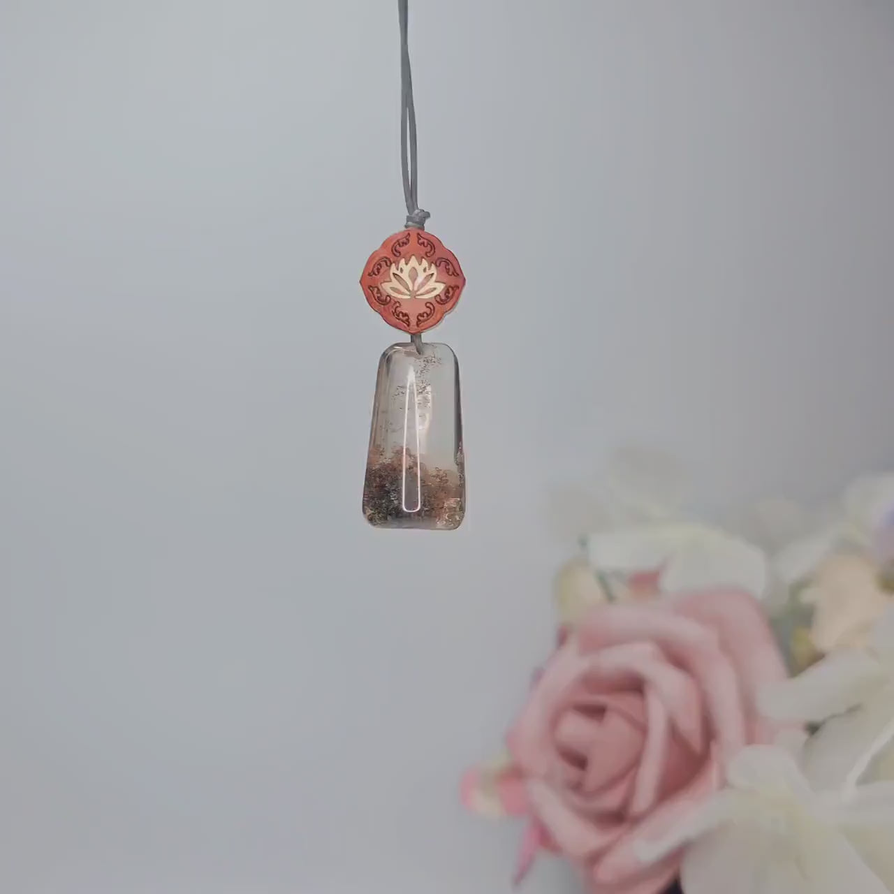 Geometric Garden Quartz Pendant, Chunky Phantom Quartz Necklace with Red Sandalwood, 18k Gold Lotus, Adjustable Leather Cord #2566