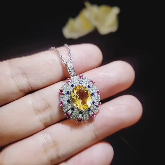 Genuine Citrine Necklace - Yellow Gemstone Pendant Source Light Style Gold-coated 925 Sterling Silver -  3 CT Citrine Pendant #903