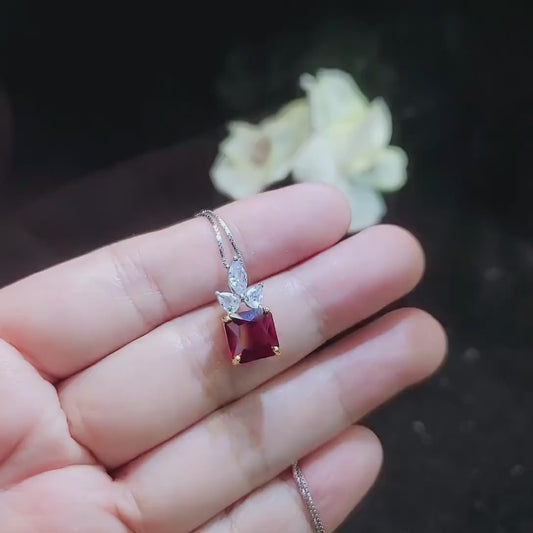 Pigeon Blood Ruby Necklace - Square Scisson Cut Red Ruby Pendant - 18KGP Sterling Silver Floral Design  Three petal flower  #412