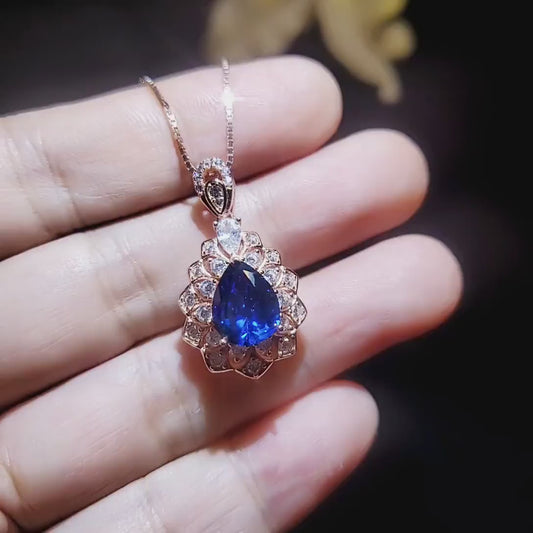 Lily Flower Blue Sapphire Necklace 18K Rose gold @ Sterling Silver 3 CT Blue Sapphire Pendant  September Birthstone Layered Double Halo #790