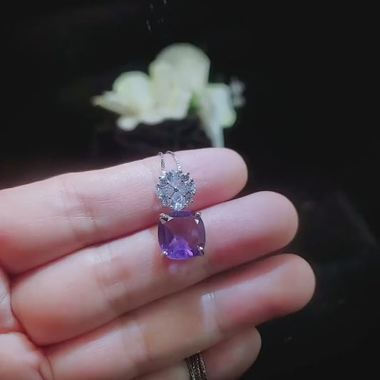 Amethyst Necklace - Large Genuine Amethyst Pendant - 18KGP @ Sterling Silver - Natural February Birthstone -  Four Leaf Clover Necklace #605