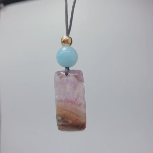 Chevron Amethyst Necklace, Chunky Natural Aquamarine Gemstone Healing Pendant for Women, Adjustable Leather Cord