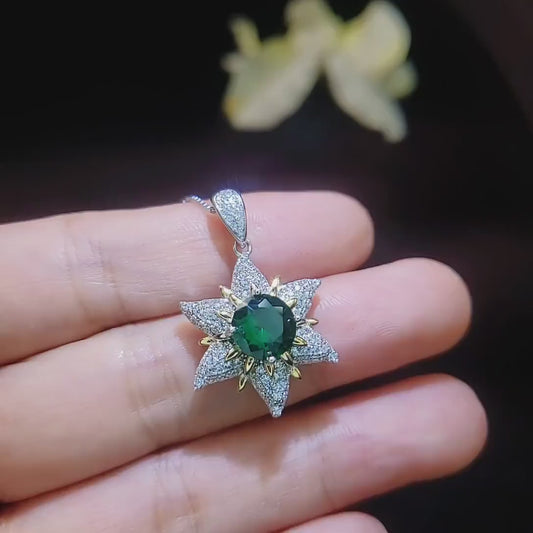 Diamond Star Emerald Necklace - 18KGP Sterling Silver - Luxury 6 Point Star Pendant Green Emerald Jewelry - Hexagram Celestial Art Deco 1121