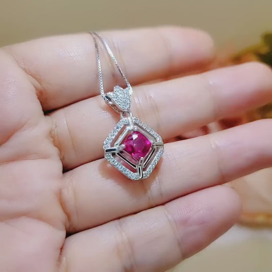 Gemstone Square Ruby Necklace White Gold coated Sterling Silver Tiny Lab Created Energic 1.5 CT Red Ruby Pendant Royal Square Jewelry #169