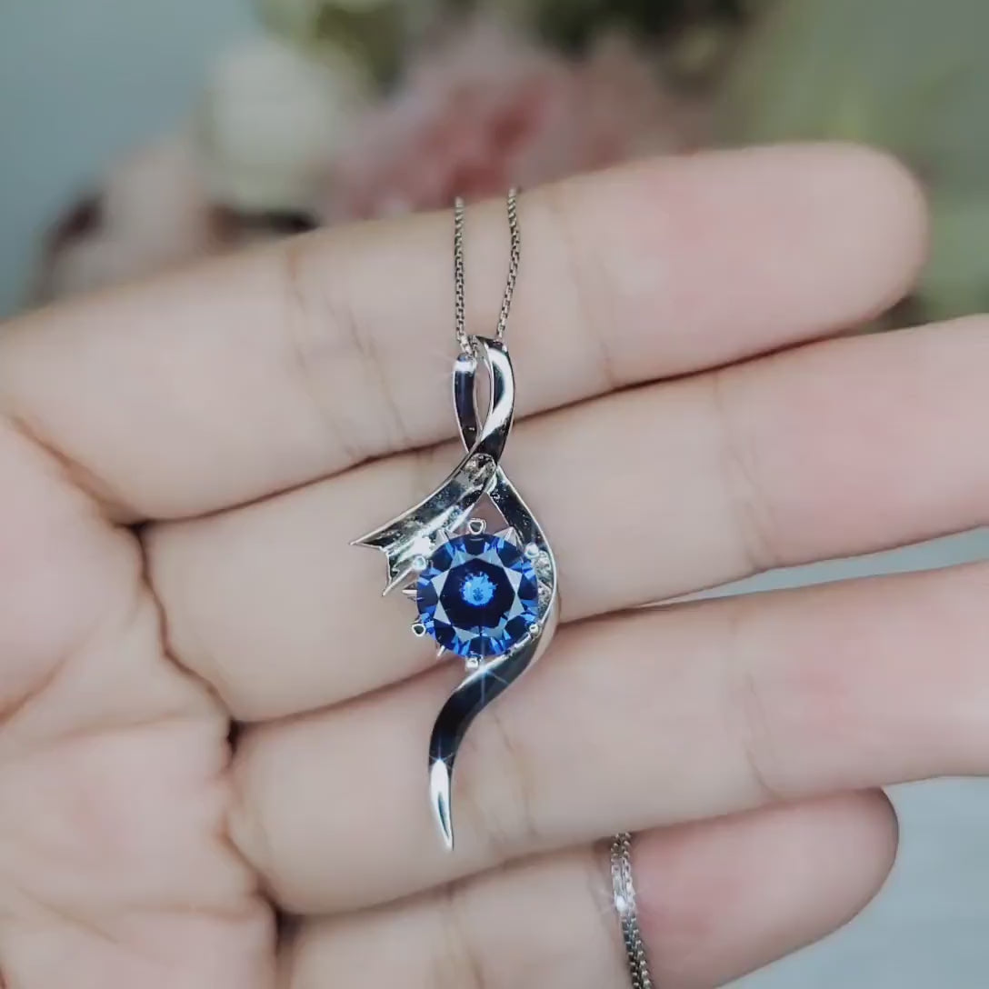 Bow Tanzanite Necklace  - 18KGP Sterling Silver -  2 CT Round Blue Tanzanite Pendant - Swirl Knot Style - December Birthstone #557