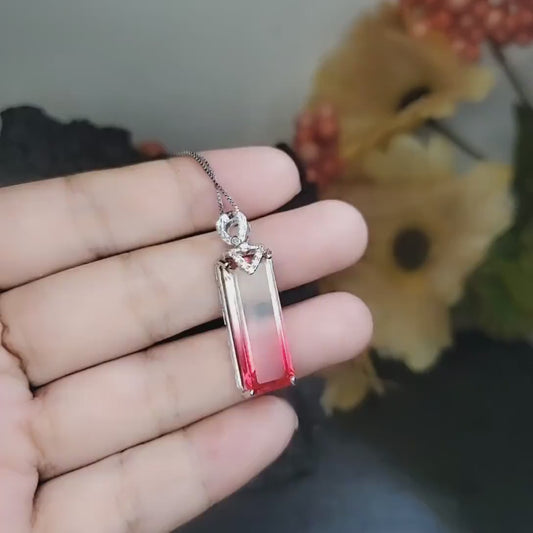 Created Tourmaline Necklace Sterling Silver Rectangle Gradient Red Gemstone Pendant #737