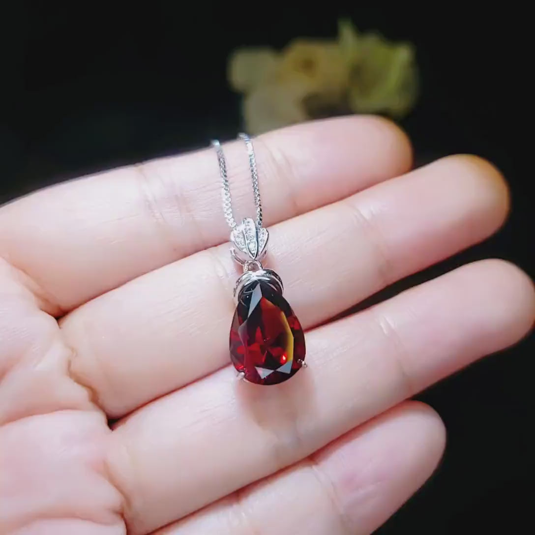 Large Teardrop Garnet Necklace - Sterling Silver Gemstone Royal   Pear Lab Created Deep Orange Red Garnet Pendant Jewelry 6.5 CT #667