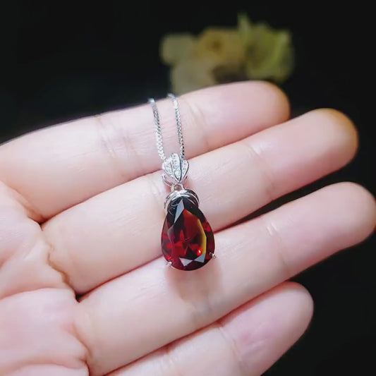 Large Teardrop Garnet Necklace - Sterling Silver Gemstone Royal   Pear Lab Created Deep Orange Red Garnet Pendant Jewelry 6.5 CT #667