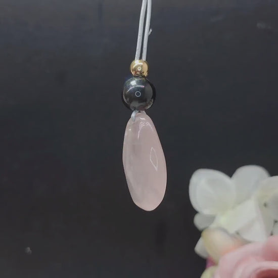 Rose Quartz Obsidian Necklace, Chunky Geometric Pink Crystal Jewelry, January Birthstone Love Gift, Adjustable Leather Cord