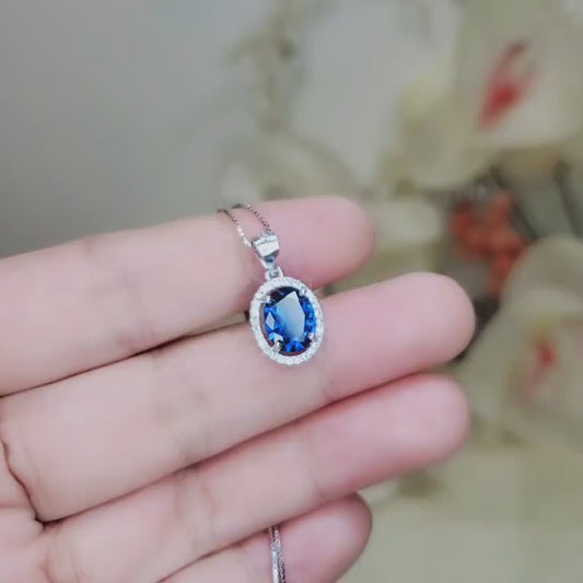 Halo Blue Sapphire Necklace - Oval 2 CT Royal Blue Gemstone Pendant - Gemstone White Gold Coated Sterling Silver - September Birthstone #285