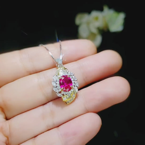 Fuchsia Ruby Necklace - Spiral of Life 1.5 CT Red Gemstone Pendant Spiritual Gemstone Flower  Silver Gold  Halo Swirl Leaf Jewelry #642