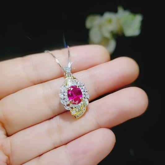 Fuchsia Ruby Necklace - Spiral of Life 1.5 CT Red Gemstone Pendant Spiritual Gemstone Flower  Silver Gold  Halo Swirl Leaf Jewelry #642