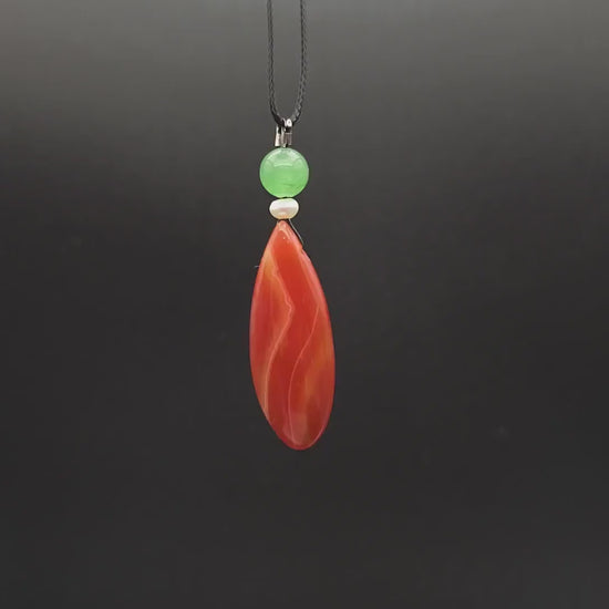 Red Orange Agate Teardrop Necklace, Green Aventurine & Pearl, Adjustable Black Cord, Luck and Calming Energy chunky stone jewelry #2326